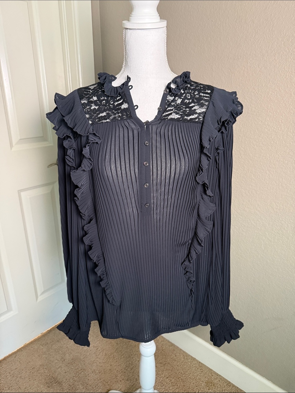 Anthropologie Charcoal Ruffled Lace-Yoke Pleated Blouse